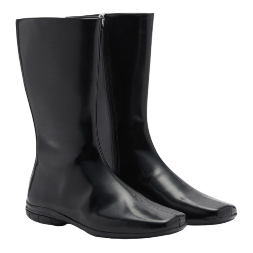 🆕 NWT MANGO Classic Black Women's Mid-Calf square toed leather boots size 9